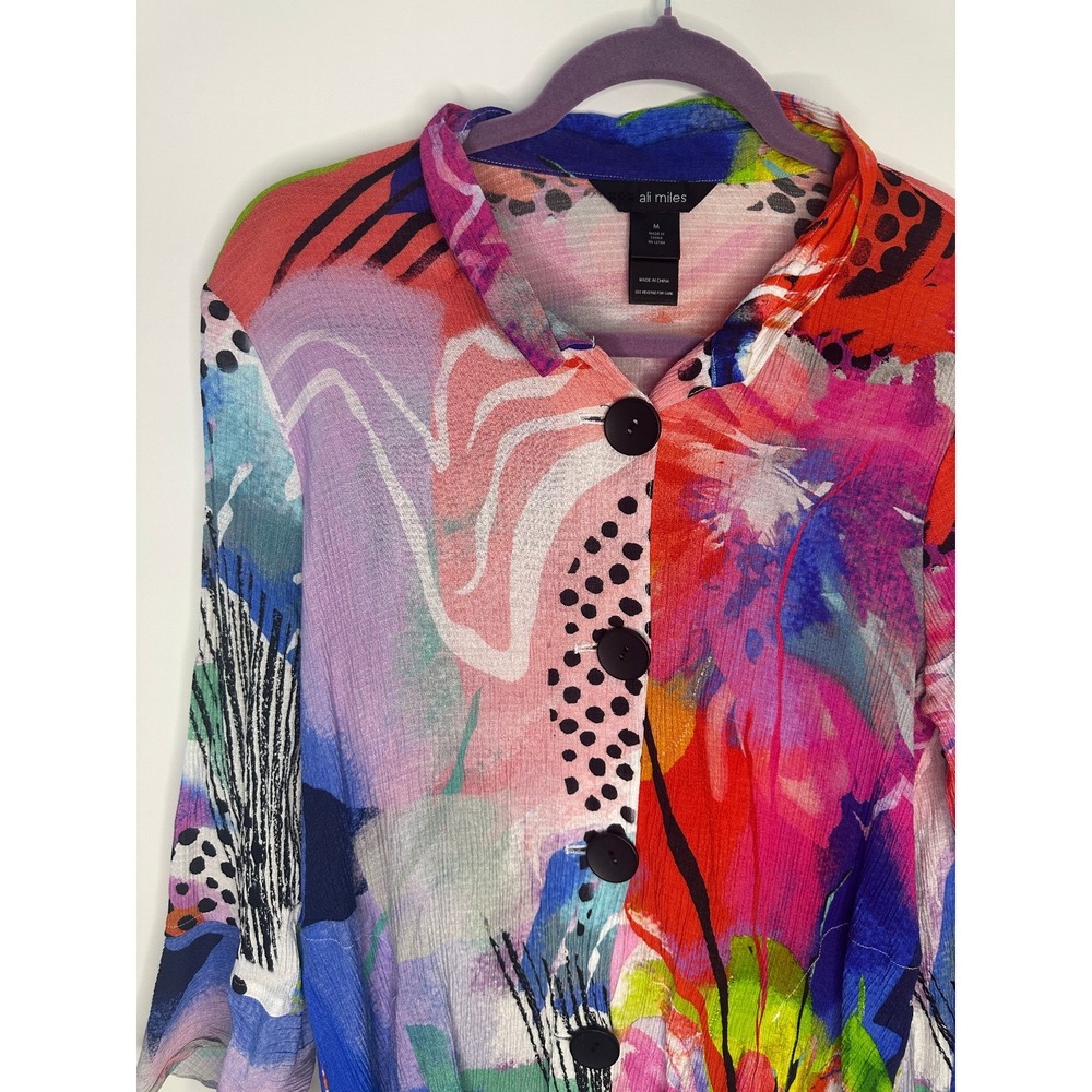 Ali Miles Mix Print Wearable Art to Wear Blouse Button Artsy Wired Collar Top M - Picture 3 of 13